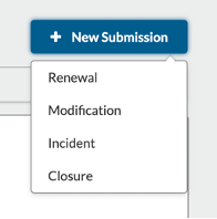 Screen shot showing: + New Submission as a blue button followed by an open dropdown with the following options. Renewal, Modification, Incident, Closure