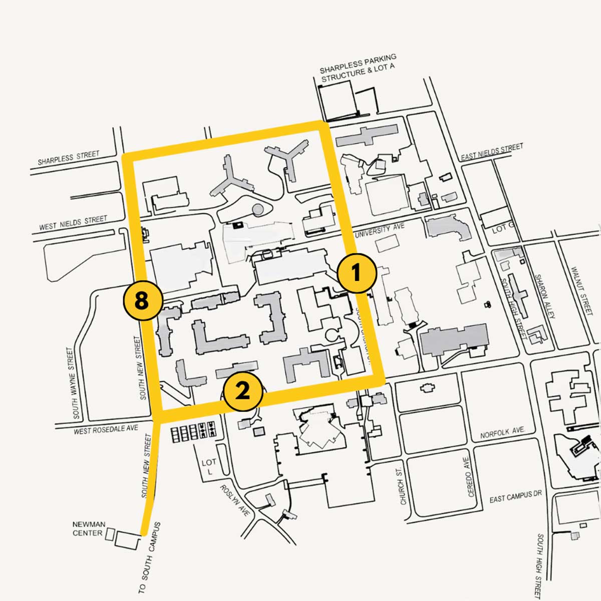 map of the North Campus stops on the Gold Route