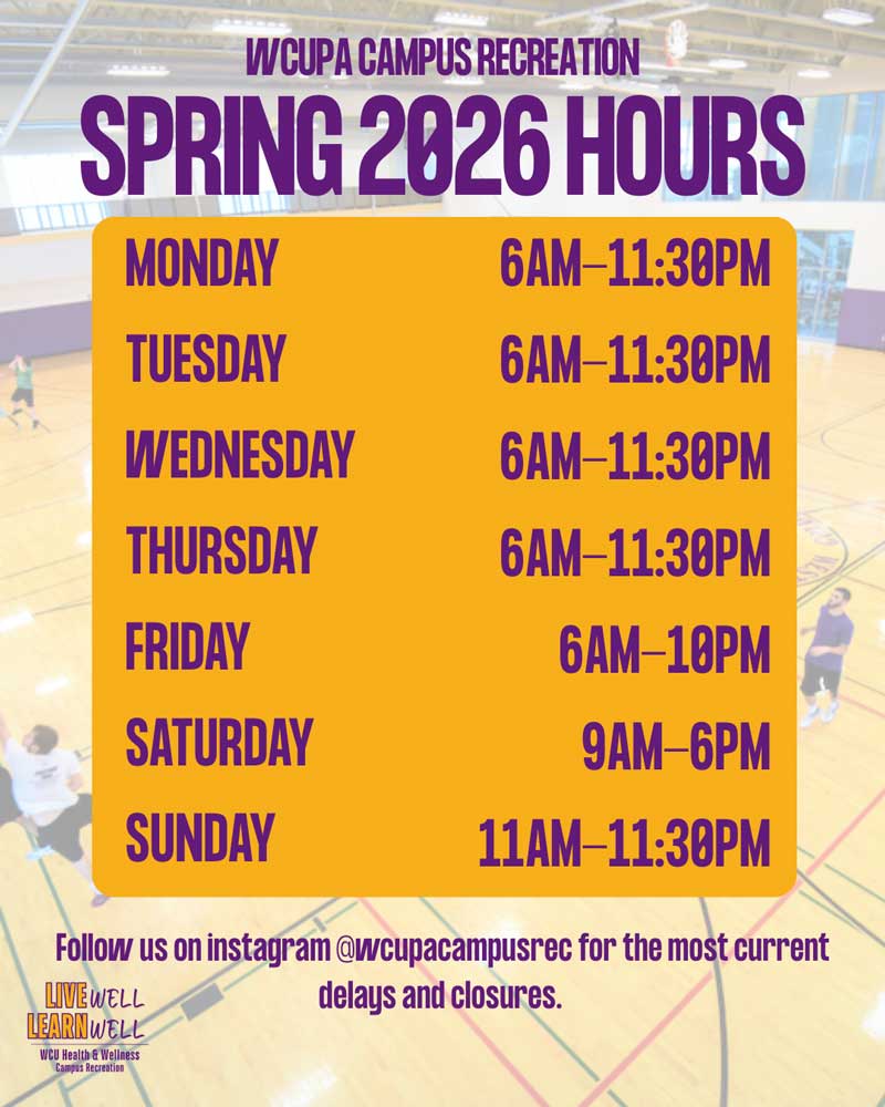 SPRING 2026 HOURS: MONDAY 6AM - 11:30PM; TUESDAY 6AM- 11:30PM; WEDNESDAY 6AM - 11:30PM; THURSDAY 6AM - 11:30PM; FRIDAY 6AM - 10PM; SATURDAY 9AM - 6PM; SUNDAY 11AM - 11:30PM