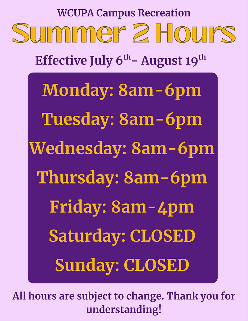 Summer 2 Hours: M:8am-6pm, T:8am-6pm, W:8am-6pm, TH:8am-6pm, F:8am-4pm, Sat:Closed, Sun:Closed,