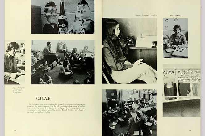 Two-page yearbook spread featuring the College Union Activities Board (CUAB). The layout includes multiple candid photographs of students participating in programs such as meetings, phone coordination, performances, and group discussions. Additional images show promotional displays, and meeting spaces.