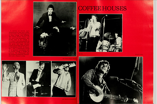 A red-background yearbook spread titled “Coffee Houses,” featuring multiple black-and-white photographs of performers at campus coffeehouse events. Images show individual performers and small groups singing, playing instruments and speaking with audiences.