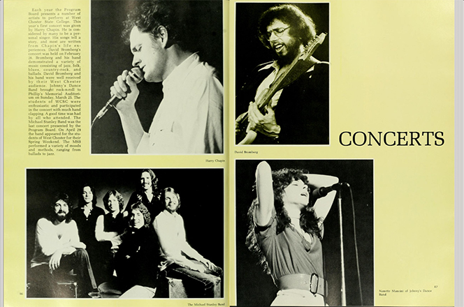 Yearbook spread titled “Concerts,” featuring black-and-white photographs of live musical performances. Images include individual singers performing into microphones, a guitarist playing on stage, a full band posed together, and a vocalist singing with one arm raised.