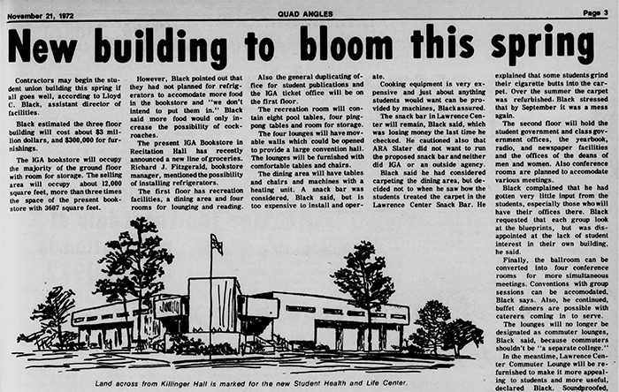 A newspaper headed November 21, 1972, Quad Angles, Page 3. The article is titled New building to blood this spring. At the bottom of the article is a drawing of the original Sykes Student Union captioned, Land across from Killinger Hall is marked for the new Student Health and Life Center.