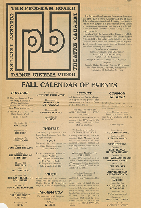 A yellowed student programming page titled “The Program Board,” featuring a large “PB” logo and a Fall Calendar of Events. The page lists concerts, lectures, theatre productions, films, and Common Ground events sponsored by the Program Board at Sykes Union. Event dates, titles, locations, and admission information are organized into columns, reflecting campus cultural programming in the 1970s.