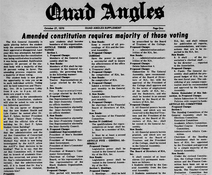 A newspaper headed Quad Angles, October 27, 1970, Quad Angles Supplement, Page 1. The article is headed Amended constitution requres majority of those voting.