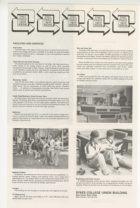 A black-and-white informational page about the Sykes College Union Building featuring directional arrows labeled “Sykes College Union Building” across the top. The page lists facilities and services offered in the building, including information desk services, ticket sales, recreation center, card shop and snack area, bookstore, meeting facilities, lounges, TV viewing areas, deli and snack bar, art gallery, duplicating and poster services, and student spaces. Several photographs show students socializing outdoors, playing pool, playing tug of war outdoors, and using lounge seating.