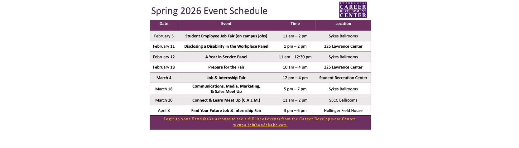 Spring 2026 Event Schedule