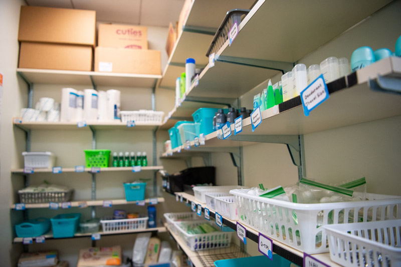 
							 personal care items stored on shelves in the WCU Resource Pantry 
						