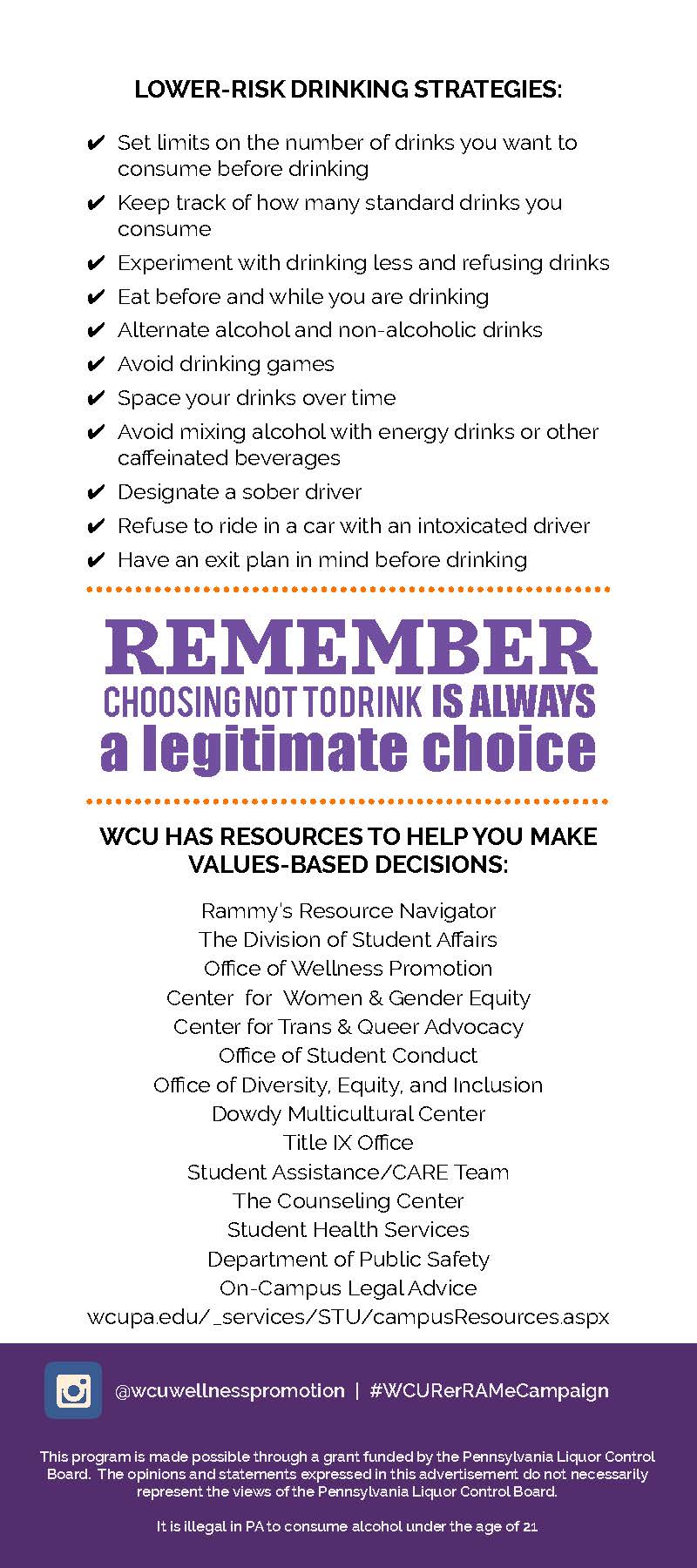 Lower-Risk drinking strategies. Set limits on the number of drinks you want to consume before drinking. Keep track of how many standard drinks you consume. Experiment with drinking less and refusing drinks. Eat before and while you are drinking. Alternate alcohol and non-alcoholic drinks. Avoid drinking games. Space your drinks over time. Avoid mixing alcohol with energy drinks or other caffeinated beverages. Designate a sober driver. Refuse to ride in a car with an intoxicated driver. Have an exit plan in mind before drinking. Remember choosing not to drink is always a legitimate choice. WCU has resources to help you make values-based decisions: Ram Resources, The Divions of Student Affairs, Wellness Promotion, Center for Women and Gender Equity, Center fro Trans and Queer Advocacy, Office of Student Conduct, Office of Diversity Equity and Inclusion, Dowdy Multicultural Center, Title IX Office, Student Assistance, Care Team, The Counseling Center, Student Health Services, Department of Public Safety, On-Campus Legal Advice.
