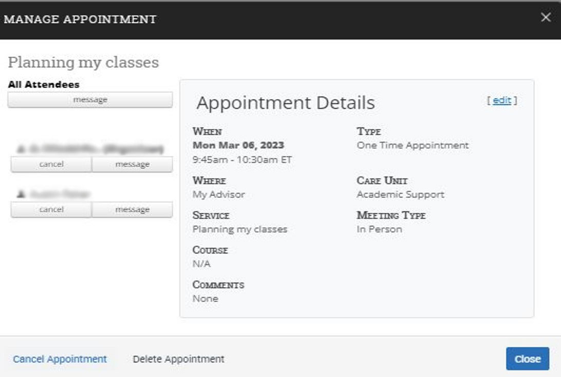 Details screenshot showing when, where, service, course, comments, type, care unit, and meeting time