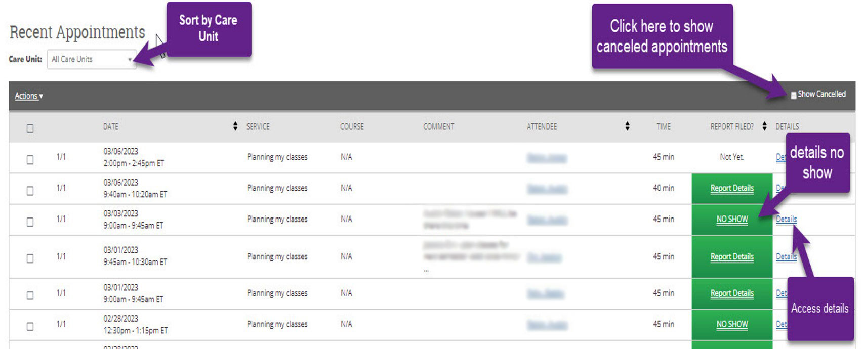 Screenshot with arrows pointing towards 'care unit'. Text 'click here to show canceled appointments' with arrow pointing to a checkbox located at the top right of the screen. Another arrow pointing to 'details no show' and is pointing to text which says 'no show' located in the 'report filed' column. Text 'access details' with an arrow pointing to a link in the table with the text 'Details'. This is in the right column