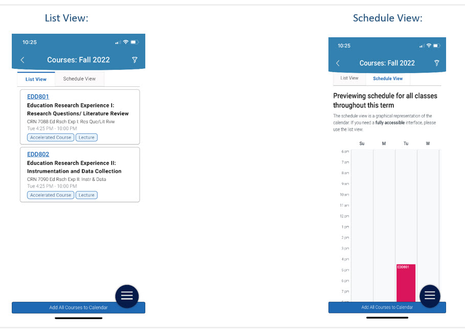 Image of List and Schedule View for Courses in Navigate