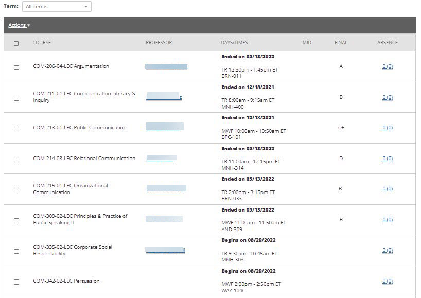 Shows course, profess, days/times, final grades, and absences for the selected term.