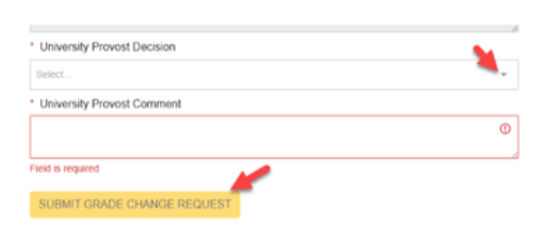 University Provost Decision and Comment boxes above the Submit Grade Change Request button