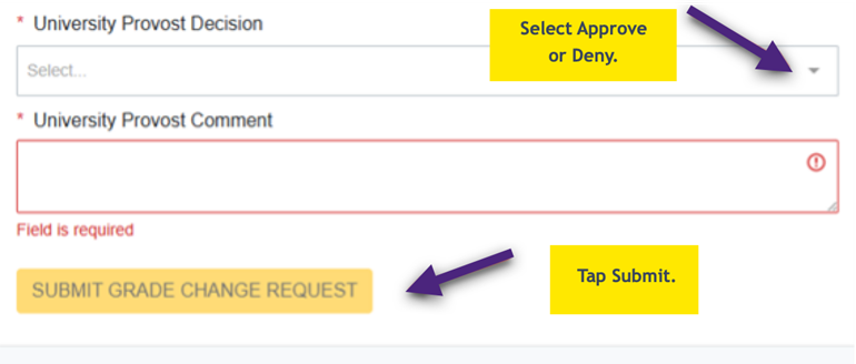 How to approve, deny, and submit change of grade - screenshot