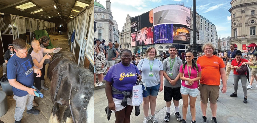 Students posing with a horse. Other students posing in front of a building.