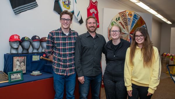 Pictured (left to right) working on the Beyond the Bell: Philadelphia’s Global Heritage exhibition are Harrison Warren, museum studies minor; Professor Michael A. Di Giovine; Virginia Vintson, graduate student; Jacqueline Armao, museum studies minor.