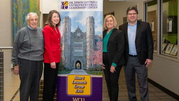 (L-R) Dr. Edwin Cottrell, Dr. Monica Zimmerman, Executive Director and Academic Administrator, Patricia Diggin, Director of the Cottrell Entrepreneurship Leadership Center, and Dr. Evan Leach, Dean, College of Business and Public Management