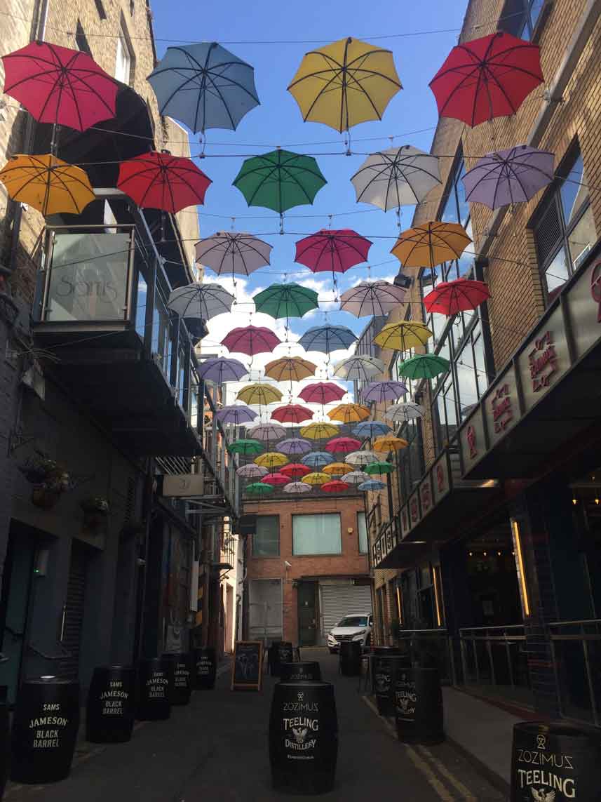 Strung up open umbrellas