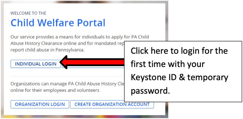 Child welfare portal login screen