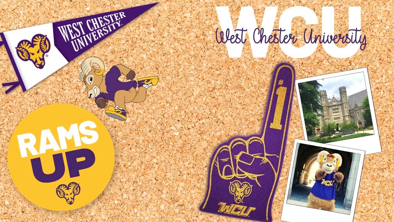 A Zoom background featuring a corkboard with WCU stickers, flags, poloroids, and logo