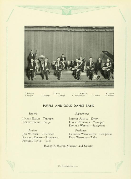   5 Arm R. Wig Н. Мещи Haigh C. W R. D R. Pay D. Wer Sensors PURPLE AND GOLD DANCE BAND HARRY HAIGH Trumpet ROBERT BICKLE Banjo Juniors JON WAGNER Trombone RICHARD DIEHM Saxophone PURNELL PAYNE Piano Sophomores SAMUEL ARENA Drums HARRY METZGAR Trumpet DONALD WITTER Saxophone Freshmen CLEMENT WIEDINMYER Saxophone EARL WIEDNER Tuba HARRY F. HAIGH, Manager and Director Our Hund N