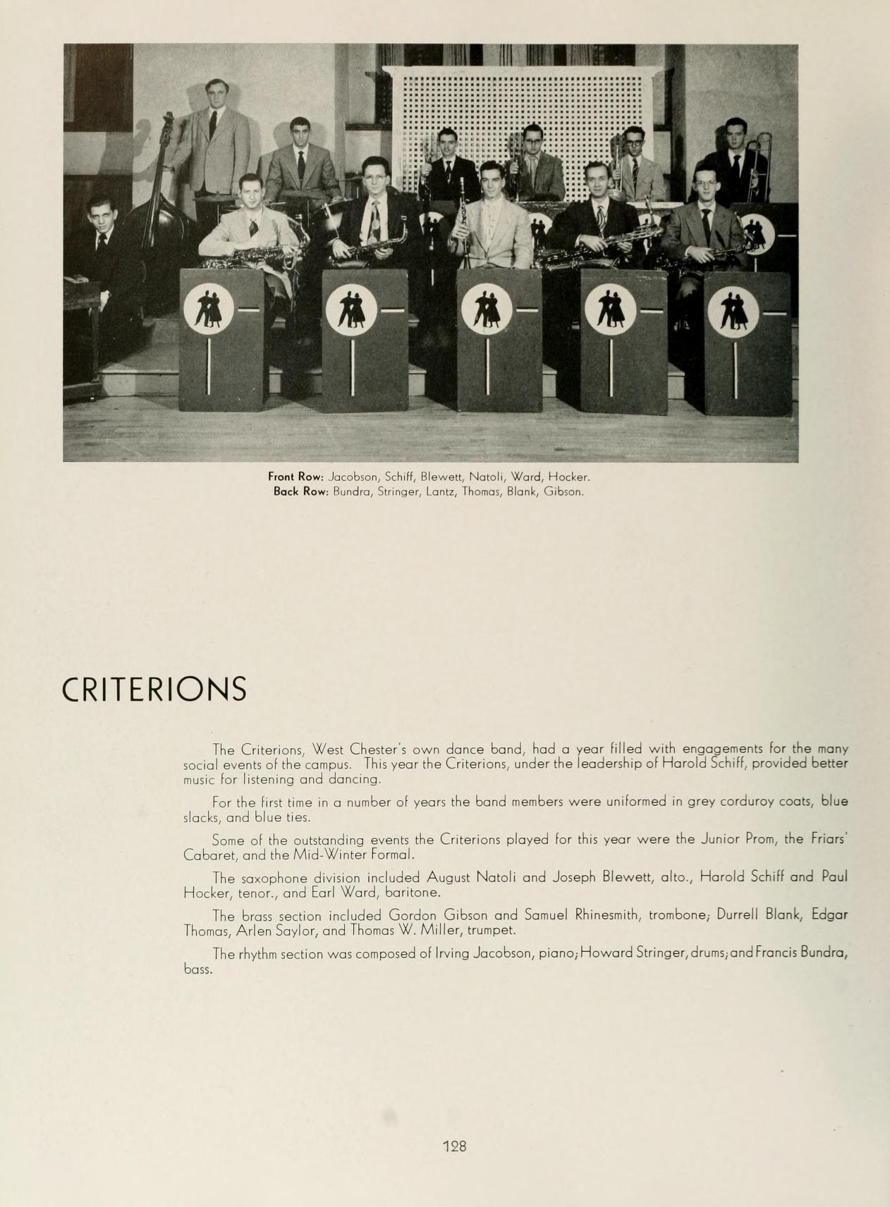   # 蕉 # # # CRITERIONS Front Row Jacobson, Schult, N, Ward, Hocker, Back Row Hund, Stringer, Land, Thomas, Blank, G The Criterions, West Chester's own dance band, had a year filled with engagements for the many social events of the comput. This year the Criterions, under the leadership of Harold Schill, provided better munc for listening and dancing For the first time in a number of years the band members were uniformed in grey corduroy coats, blue slacks, and blue ties Some of the outstanding events the Criterions played for this year were the Junior Prom, the Friars Cabaret, and the Mid-Winter Formal. The saxophone division included August Notoli and Joseph Blewett, alto, Harold Schilf and Poul Hocker, tenor, and Earl Word, baritone. The brass section included Gordon Gibson and Samuel Rhinesmith, trombone, Durrell Blank, Edgar Thonas, Arlen Saylor, and Thomas W. Miller, trumpet bon. The rhythm section was composed of Irving Jacobson, piano, Howard Stringer, drums, and Francis Bundra, 128