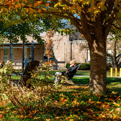 Fall Campus Shot of Student Reading in the Quad