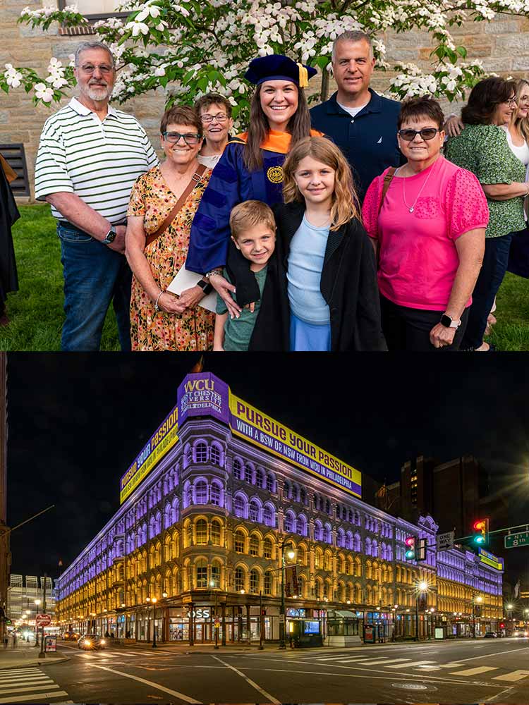 top photo - family at graduation with their grad student. Bottom photo - WCU building in Philadelphia at night time