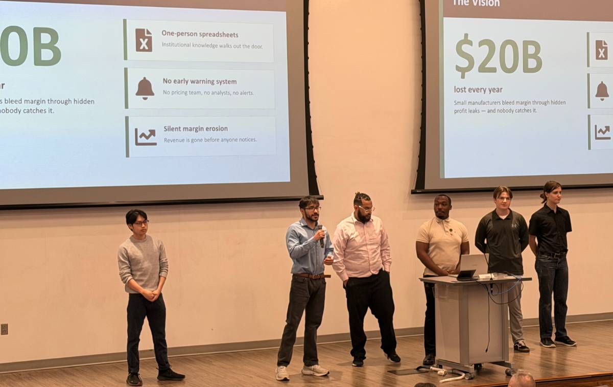 Profit Matrix Capstone presentation Students on stage presenting