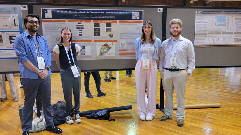 ESS students (L-R) Kenny Sidhu, Meagan Lipka, Sydney Costa, and James Simpson presented their research on isolating microplastic particles from Chester County watersheds to measure the daily flux of these compounds on the Chesapeake and Delaware Bays. The Northeast Geological Society of America conference took place in Manchester, NH.