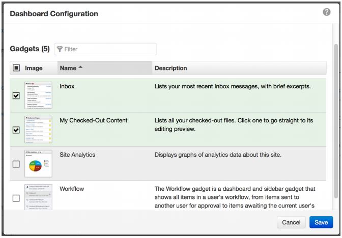 dashboard configuration dialog